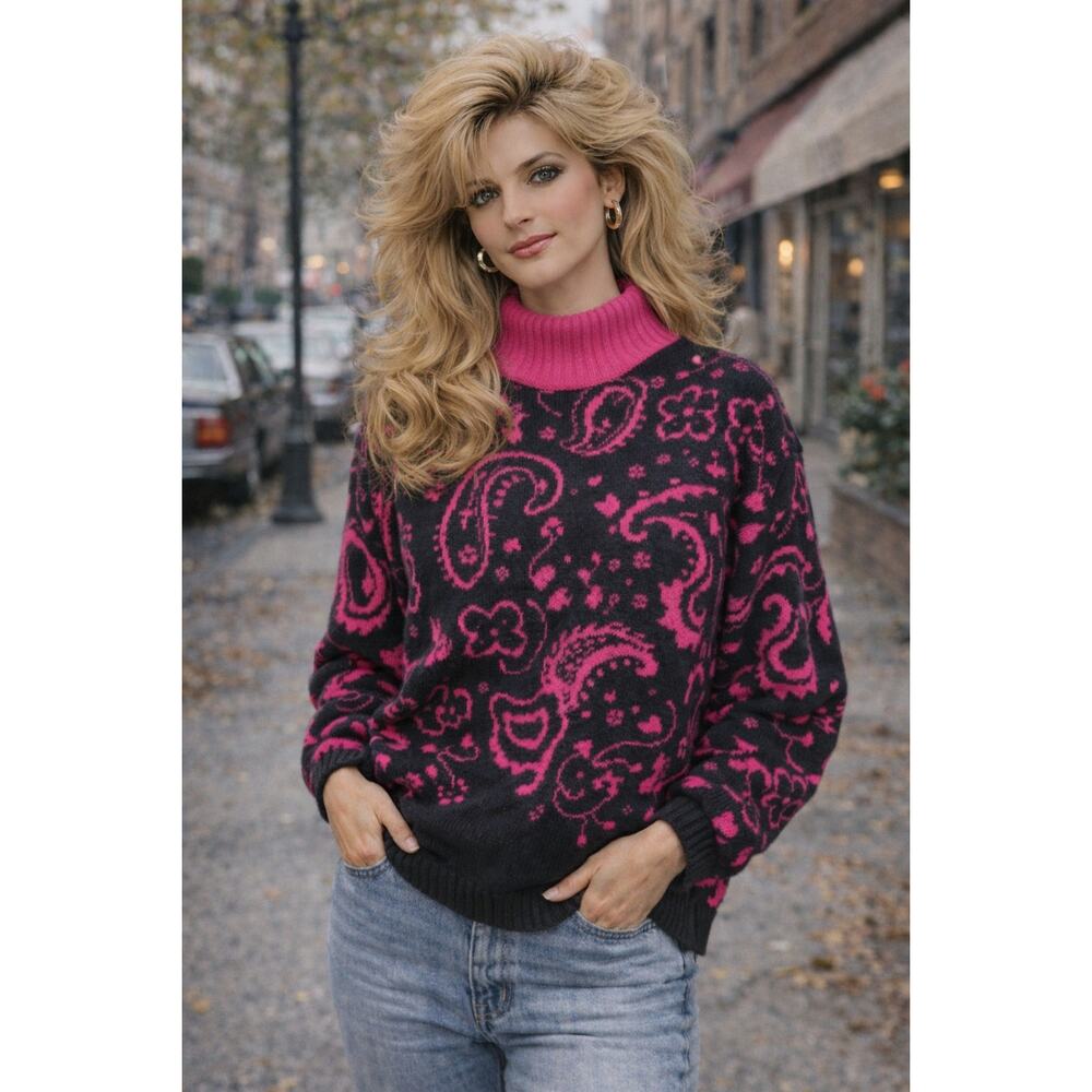 Vintage Mock Neck Sweater Black Paisley Purple Whimsy Goth Pullover Size L